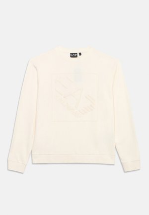 Crèmekleurige sweatshirt met lange mouwen en ronde hals, voorzien van een subtiel reliëf EA7 Emporio Armani-logo aan de voorkant.