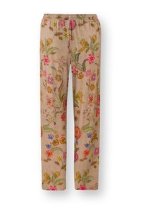 Hellbraune Blumenhose mit aufwendiger Stickerei in Pink, Blau, Gelb und Grün. Elastischer Bund für einen bequemen Sitz.