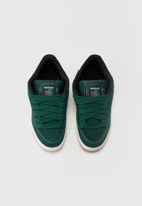Baskets en daim vert avec accents noirs, semelle en caoutchouc blanche et lacets plats. Présentent des perforations sur les orteils et un logo sur la languette.