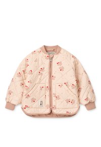 Ραμμένο ανοιχτό ροζ μπουφάν τύπου bomber με λουλουδάτα σχέδια σε κόκκινο και μπεζ. Διαθέτει φερμουάρ, ριμπ μανσέτες και δύο μπροστινές τσέπες.