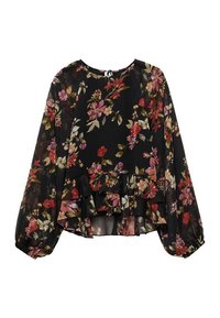 Blusa nera a fiori con maniche lunghe svasate, caratterizzata da un orlo arricciato e modelli floreali colorati in rosso, rosa e verde su un tessuto trasparente.