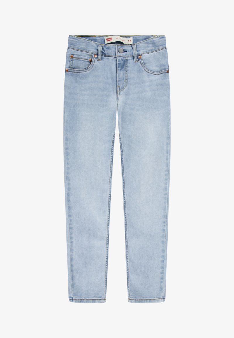 Jeans rectos de color azul claro, hechos de mezclilla con un acabado ligeramente deslavado, que cuentan con cinco bolsillos, herrajes en color cobre y un dobladillo cosido.