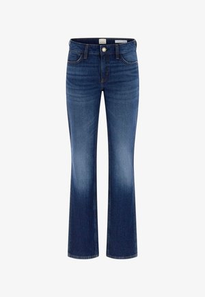 Dunkelblaue Jeans mit ausgestelltem Bein, ausgestattet mit einer Knopfleiste und Taschen, glatter Textur und verwaschenen Details an den Oberschenkeln.