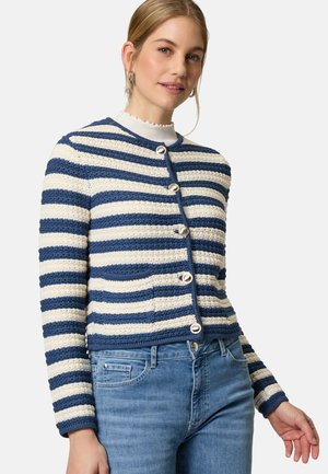Striped cardigan with blue and cream colors, textured knit, round neckline, and silver buttons down the front. Cropped-length sleeves.