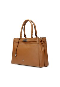 Brown leather handbag with textured exterior, double handles, and a clasp closure. Features a sleek design with subtle hardware accents.
