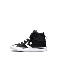 Baskets montantes Converse noir et blanc avec lacets blancs, logo étoile sur le côté et une bride à Velcro affichant le nom de la marque.