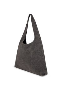 Saco de lona de ganga cinza escuro com uma alça larga e forma triangular, a ficar em pé sobre um fundo branco.