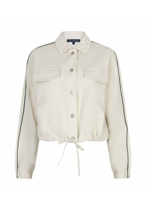 Off-white cropped jack met voorste drukknopen, twee klepzakken op de borst, zwarte zijstrepen, elastische manchetten en een trekkoordzoom.