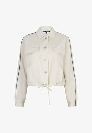 Off-white cropped jack met voorste drukknopen, twee klepzakken op de borst, zwarte zijstrepen, elastische manchetten en een trekkoordzoom.