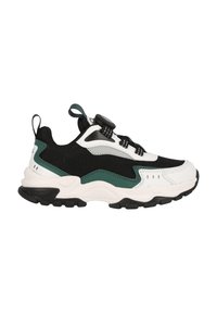 Schwarz-weißer Sneaker mit einem Mesh-Obermaterial, grünen Akzenten, einer runden Zehenpartie, einer schweren weißen Zwischensohle und einer strukturierten schwarzen Außensohle.