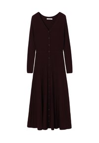 Vīna sarkanas ribota trikotāžas kleitas ar garām piedurknēm, V veida kakla izgriezumu un pogu aizdari gar priekšu. Paplatināta svārku daļa, kas beidzas zem ceļa.