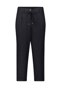 Pantalons en lin noirs avec une coupe décontractée, dotés d'une fermeture à bouton à l'avant et d'une taille à cordon, longueur cropped et texture lisse.