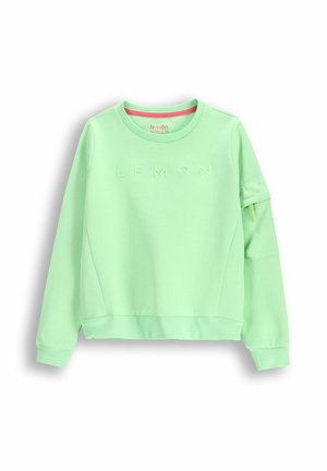 Miętowy sweatshirt z okrągłym dekoltem, prążkowanymi mankietami i luźnym krojem. Z przodu znajduje się wytłaczane logo "LEMON".