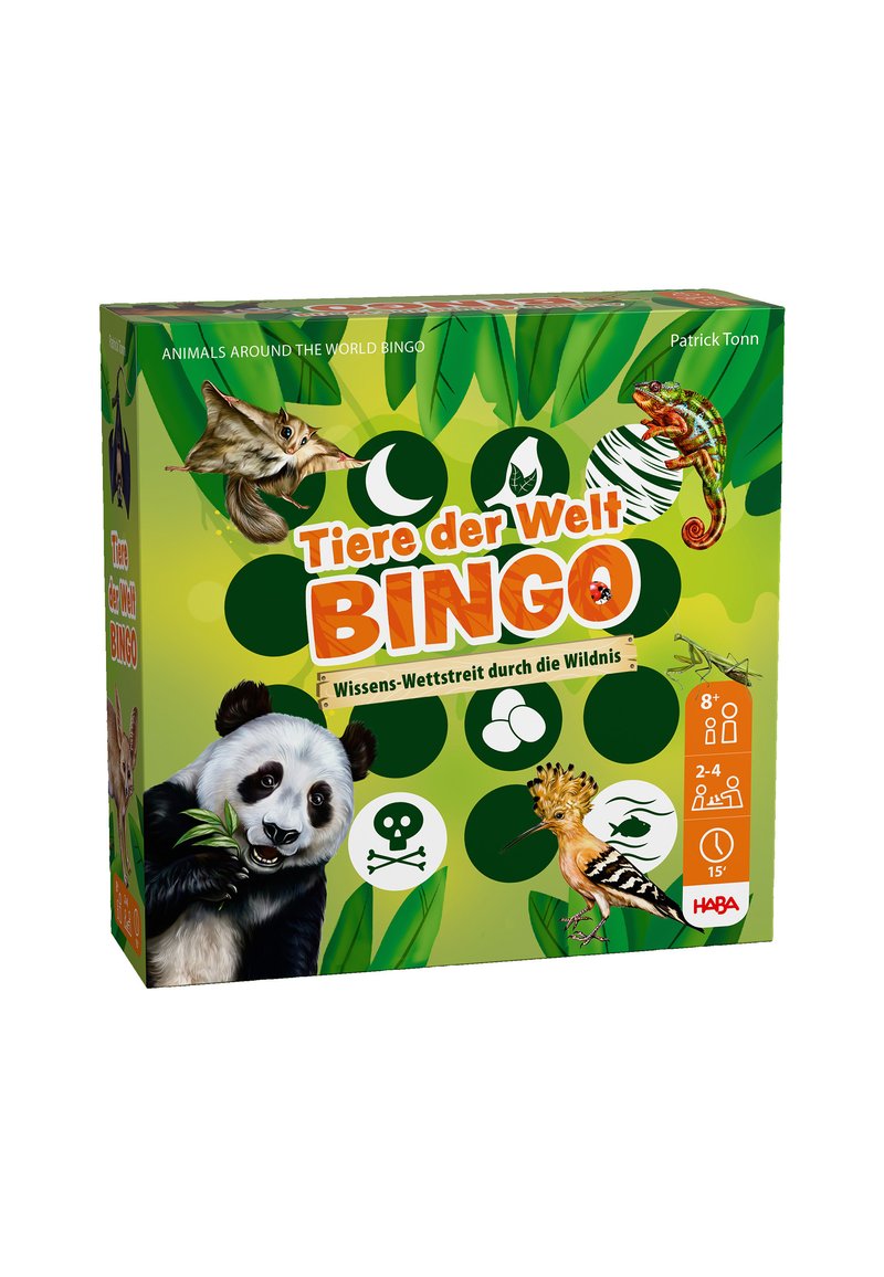 Bingo-Spielbox mit grünem Hintergrund und Tierillustrationen, darunter ein Panda, ein Chamäleon und ein Vogel. Text in fettem Orange und Weiß.
