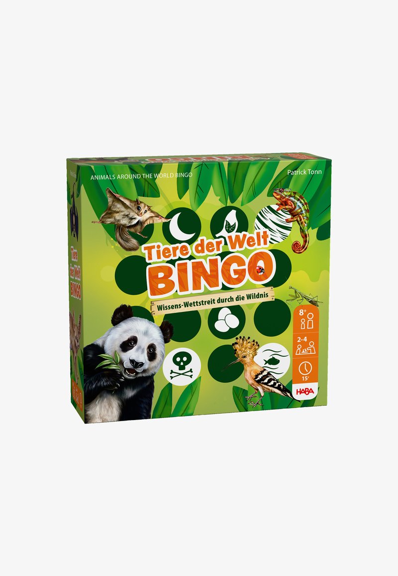Bingo-Spielbox mit grünem Hintergrund und Tierillustrationen, darunter ein Panda, ein Chamäleon und ein Vogel. Text in fettem Orange und Weiß.