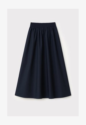 Gonna blu navy realizzata in tessuto liscio, con vita elastica, design svasato e lunghezza fino al ginocchio. Nessun motivo o dettaglio visibile.