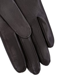 Gants en cuir noir avec une texture lisse, une forme profilée et des détails de couture. Présentent quatre doigts et un ajustement serré.