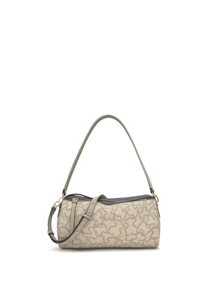 Beżowa i szara cylindryczna torba na ramię z regulowanym paskiem i złotym metalowym wykończeniem na białym tle.