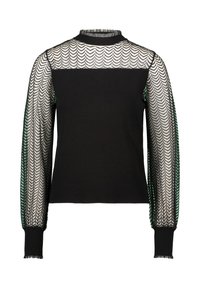 Schwarzer Pullover mit einem strukturierten, transparenten Mesh-Design an den Ärmeln mit einem Zickzackmuster, geripptem Ausschnitt und enganliegenden Bündchen.