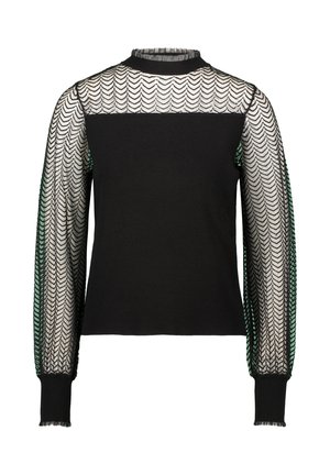 Zwarte trui met een getextureerd sheer mesh ontwerp op de mouwen met een zigzagpatroon, ribbelkraag en aansluitende manchetten.