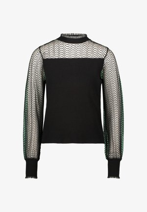 Pull noir avec un design texturé en mesh transparent sur les manches avec un motif en zigzag, un col côtelé et des poignets ajustés.