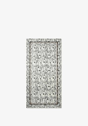 Mustertextil mit handgezeichneten Hund illustrations in Schwarz und Grau auf einem weißen Hintergrund, umrandet von einem grauen und goldenen Rahmen.