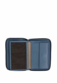 Petit portefeuille compact en cuir bleu avec fermeture éclair, comprenant des emplacements pour cartes, une fenêtre transparente pour carte d'identité et une poche à pièces à l'intérieur.