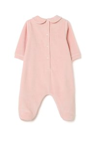 Pijama de bebé de felpa rosa con cuello redondo, mangas largas, cierre de botones en toda la parte delantera y diseño con pies para calidez y confort.