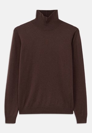 Brun genser med høy hals laget av myk stoff, med en tettsittende design og ribbet halslinning. Lange ermer og en jevn tekstur uten mønstre.