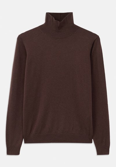 Pull à col roulé marron en tissu doux, avec une coupe ajustée et un col côtelé. Longues manches et texture lisse sans motifs.