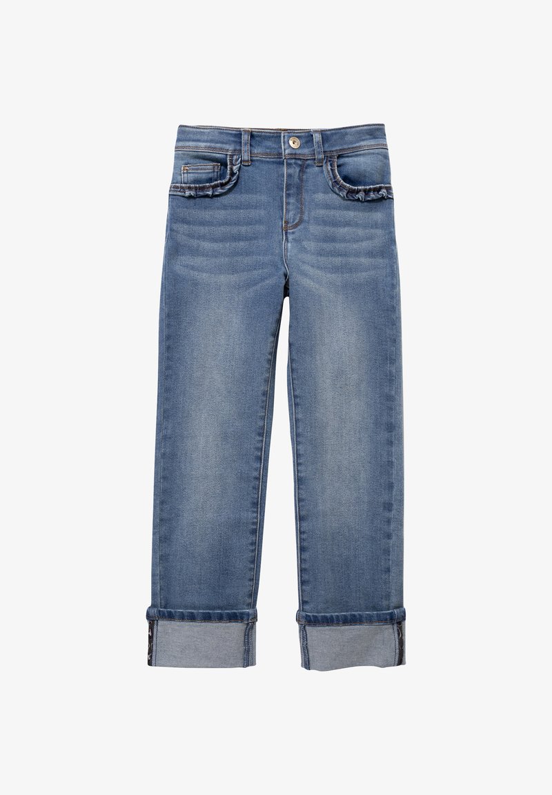 Jeans in denim azzurro chiaro con design a gamba dritta, tasche con toppe e orli arrotolati; presenta una leggera sfumatura e cuciture in contrasto.