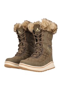 Bruna fodrade vinterstövlar med ett kviltat mönster, krage av konstpäls och en strukturerad gummisula. Inkluderar snörning och varumärkesdetalj.