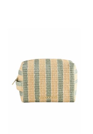 Obdĺžnikové tkané púzdro s vertikálnymi béžovými a zelenými pruhmi, zlatým zipsom, bočnou pätkou a zlatým nápisom „LE MARAIS“ vpredu.