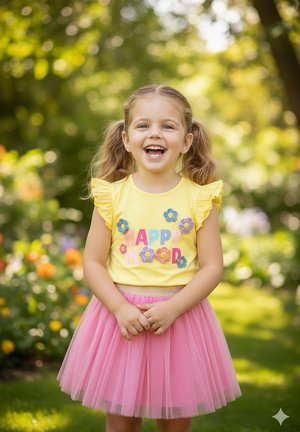 Lächendes junges Mädchen mit Zöpfen, das ein gelbes "Happy Mood"-Oberteil und einen rosa Tüllrock trägt und in einem sonnendurchfluteten Garten mit Blumen steht.