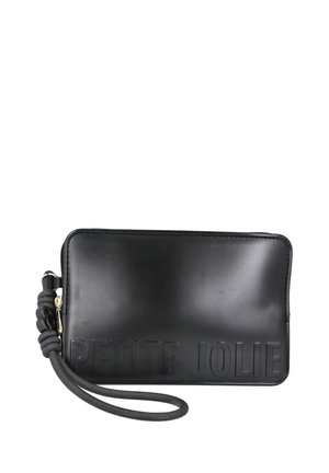 Bolso de mano rectangular negro con texto en relieve "PETITE JOLIE" y correa anudada unida a la cremallera.