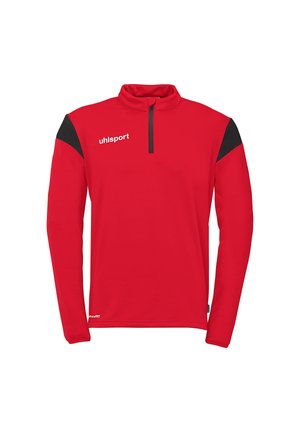 Pull-over de sport rouge à manches longues avec empiècements noirs aux épaules, fermeture éclair quart de longueur et logo "uhlsport" sur la poitrine.