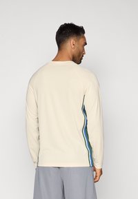 Pulóver s dlhými rukávmi z béžovej látky s raglánovými rukávmi so zelenými a modrými pruhmi pozdĺž strán. Hladká textúra, minimalistický dizajn.