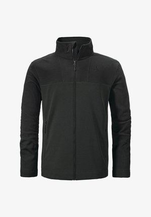 Schwarze Zip-Jacke mit hohem Kragen. Mit strukturiertem Stoff, zwei Seitentaschen und einem glatten Design des Brustpanels mit Logo.