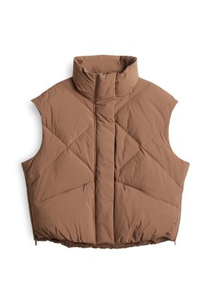 Gilet imbottito marrone con colletto alto, motivo trapuntato e tasche laterali con zip. Presenta un orlo con cordino regolabile.