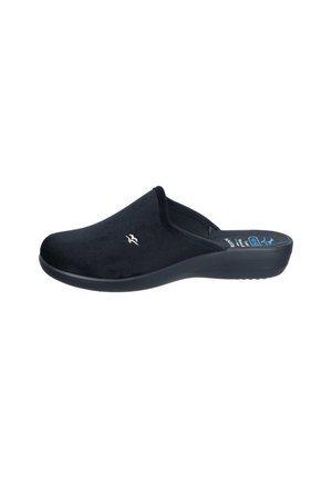 Black slip-on shoes made of soft suede material. Contoured design with a lightweight, cushioned sole, featuring an accent logo on the side.