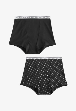 Duonos poros juodų aukštakulnių bokserinių šortų, viena vientisa juoda pora ir viena su baltų širdelių raštais, abi su baltu elastiniu juosmeniu, pažymėtu "NEXT".