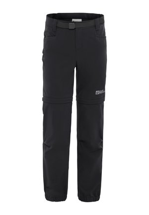 Pantaloni da escursionismo neri realizzati in materiale softshell. Presentano una vita con fibbia, due tasche frontali e polsini elasticizzati alle caviglie.