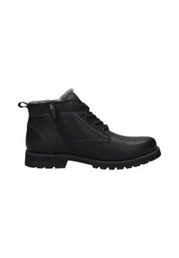 Sorte lær ankle boots med rund tå, grått pelskledde fôr, sidesOLUMN, og teksturert gummisåle. Kontraststingdetalj.