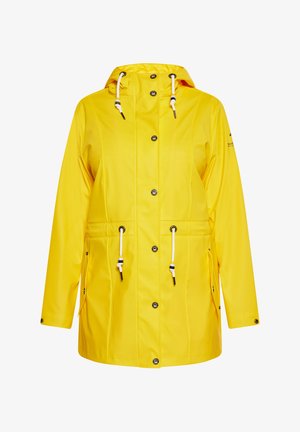 Kollane veekindel vihmamantel kapuutsiga, reguleeritavate paeladega, eest nööbiga kinni pandud ja kahe küljetaskuga. Sile tekstuur, mugav lõige.