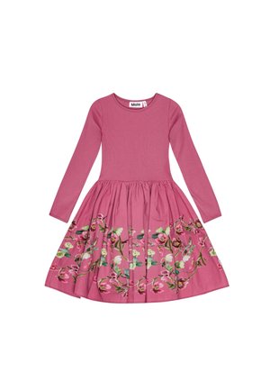 Dziewczęca sukienka z długim rękawem w kolorze różowym, z dopasowanym topem i rozkloszowanym dołem ozdobionym kwiatowym nadrukiem wzdłuż brzegu.