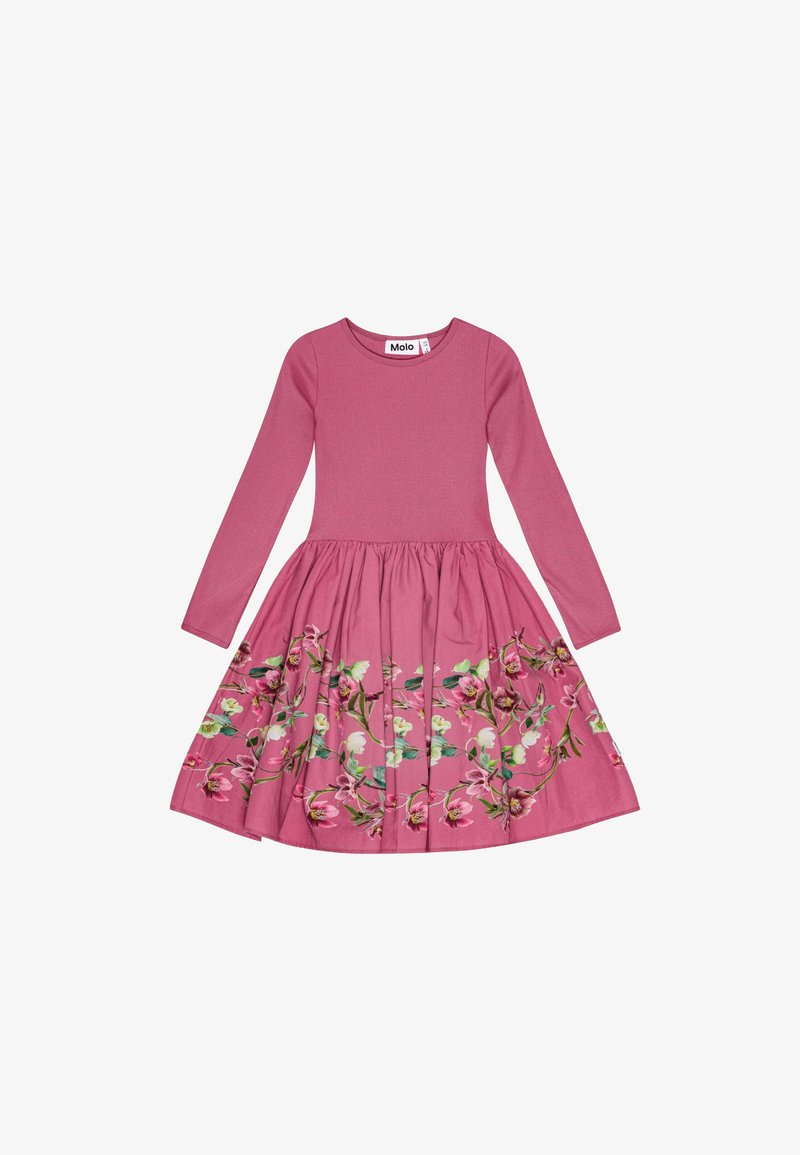Dziewczęca sukienka z długim rękawem w kolorze różowym, z dopasowanym topem i rozkloszowanym dołem ozdobionym kwiatowym nadrukiem wzdłuż brzegu.