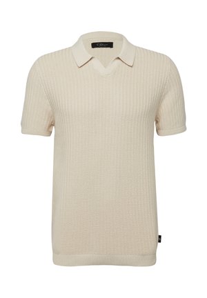 Short-sleeve beige knit polo shirt with textured pattern, folded collar, and small black label on the left side seam.
