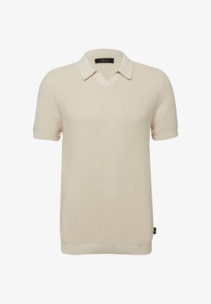 Short-sleeve beige knit polo shirt with textured pattern, folded collar, and small black label on the left side seam.