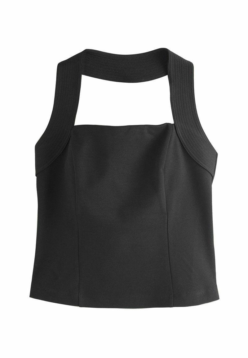 Černý crop top vyrobený z hladké látky s širokými, žebrovanými ramínky a strukturovaným výstřihem, který má přiléhavý střih končící nad pasem.