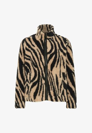 Beżowo-czarna kurtka polarowa w wzór zebry, z wysokim kołnierzem i zamkiem z przodu, o miękkiej, teksturowanej powierzchni.